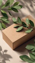 Kraft box surrounded by green leaves on a soft surface showcasing natural elements and textures