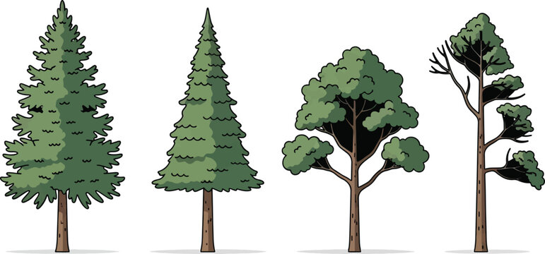 Group of stylized evergreen trees and broadleaf trees in row