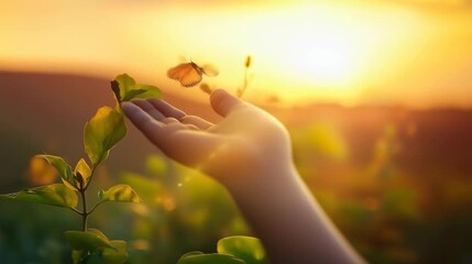 A hand gently touching a leaf with a butterfly, bathed in the warmth of the sunset