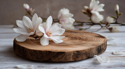 Fototapeta premium Wooden tree slice podium with spring magnolia flowers for product display — natural floral mockup