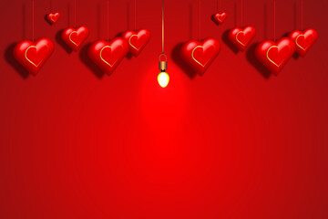 Valentine's day background with red hearts 3d and light bulb. copy space area