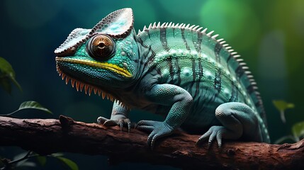 Obraz premium Vividly detailed close-up photograph showcasing a vibrant turquoise and teal chameleon perched securely upon a rough brown tropical tree branch