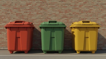 Three large colored garbage bins (red, green, yellow) in front of a brick wall, photorealistic.