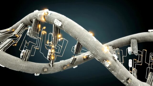 Futuristic dna helix strand genetics gene digital technology circuit biotech innovation glowing abstract cybernetic science