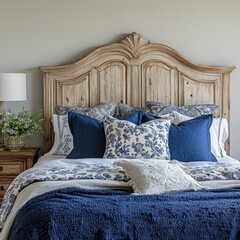 Blue pillows on bed. French country interior design of modern bedroom, Generative AI