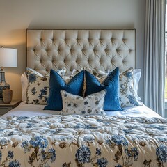 Blue pillows on bed. French country interior design of modern bedroom, Generative AI