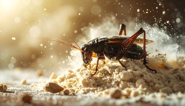 Macro shot of a cricket insect amidst a flurry of light, exploring a pile of light-colored powder or dust
