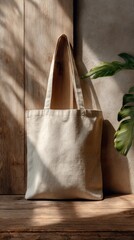 Canvas tote bag displayed against a rustic wooden background with soft shadows and green leaves