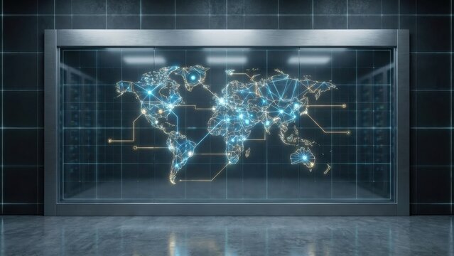 Global Network Data Center Display With Digital World Map Connectivity And Server Racks In - Powered by Adobe