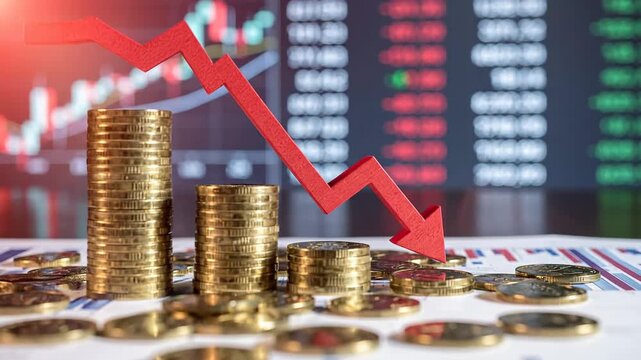 Dramatic red arrow pointing down over stacks of coins, symbolizing financial loss.