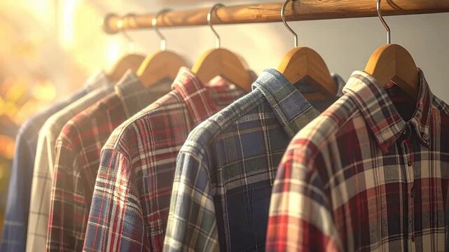Assortment of colorful plaid shirts hanging on a wooden rack, illuminated by sunlight.