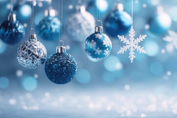 Christmas balls and snowflake on abstract background. A collection of silver blue Christmas ornaments against a snow bokeh backdrop, a decorative stars. Perfect for festive, elegant holiday themes