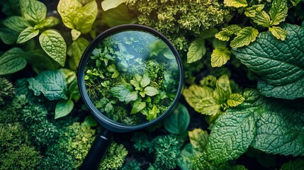 Natural leaf study with magnifying glass in colorful botanical backdrop