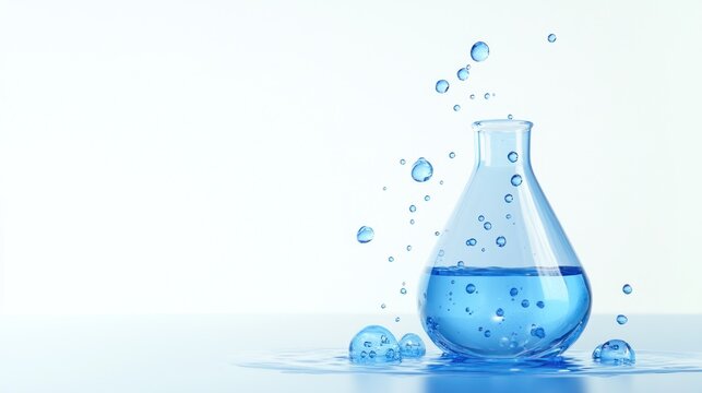 Glass flask with blue liquid spills, bubbles on white glossy surface