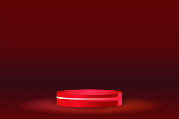 Empty red round podium with neon light on red stage lights background. Vector illustration design for product display, presentation, sale banner festival Christmas, Valentine &lsquo;s day, studio scene