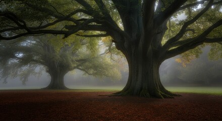 Misty Morning Sunlight Illuminates Giant Ancient Oak Trees in Autumn Forest Clearing