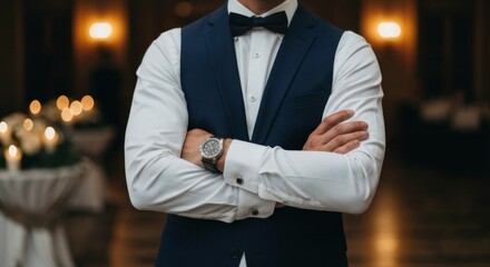 A man in formal attire, arms crossed, standing with a bow tie and watch