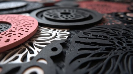 Decorative laser-cut designs showcase intricate patterns in various colors on a textured surface at an artisan studio