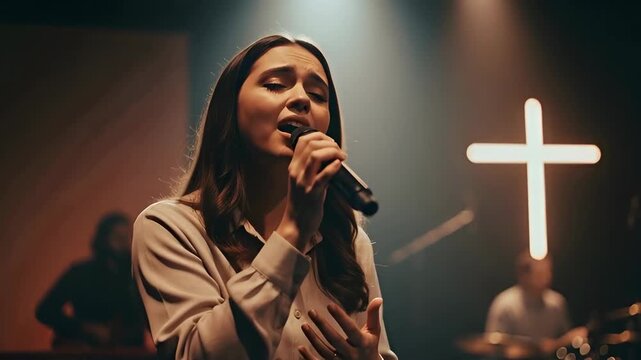 Woman singing with band on stage. Worship music concert in a church with a glowing cross. Christian praise and spiritual event. Baptist and Pentecostal services. Song to Jesus.