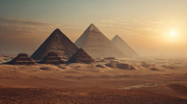 Egyptian pyramids desert landscape sunset