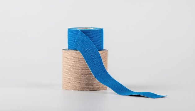 Physical therapy Kinesiology tape unrolling from the roll. Close-up shot of taping process. Health, medical, sports, pain relief concept.