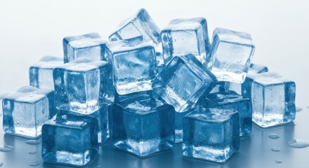Obraz premium A pile of crystalline ice cubes against a soft, white background, some with water droplets