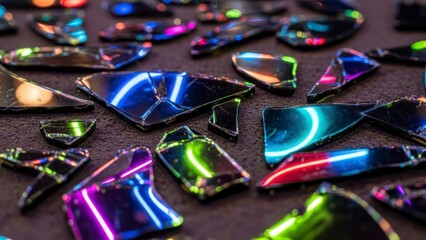 Broken glass fragments with neon