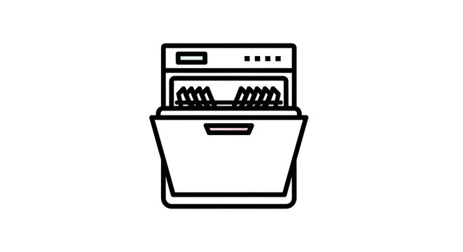A simple black and white illustration of a dishwasher