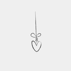 Hand drawn minimalist heart hanging on string with bow, black line sketch illustration isolated on transparent background. Suitable for valentine designs, wedding cards, posters, prints, no bg