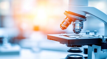 Detailed microscope, metallic, bluish tones, blurry background, bright light source
