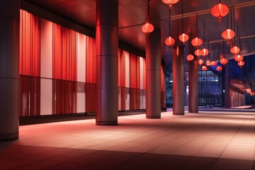 A modern, red-lit corridor with tall pillars and hanging lanterns, casting long shadows over spacious walkway