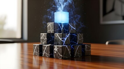 Glowing blue energy cube rests atop a pyramid of black marble blocks crackling with electricity