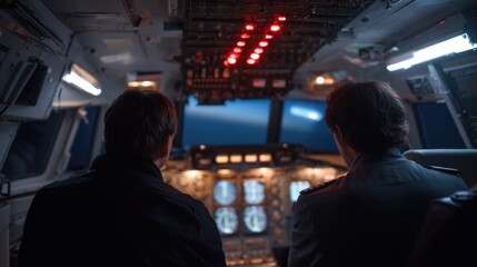 Naklejka premium Engineers Examining Hydraulic Systems Inside an Airplane Cockpit