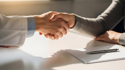 Obraz premium Business partners shaking hands in agreement over a document with a pen on a desk, representing collaboration and success.