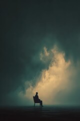 man sitting alone on chair, burnout concept, empty space around, muted palette