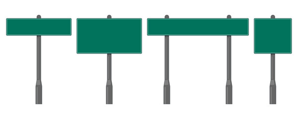 Blank green road signs set on transparent background. Vector street signage templates with copy space for custom text, city names, or directional arrows