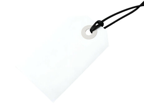 Blank white paper tag with black string, isolated on black