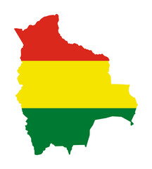Bolivia flag in country silhouette. National flag, insignia and ensign of the Plurinational State of Bolivia, a banner and horizontal tricolor of yellow, red, and green. Isolated illustration. Vector
