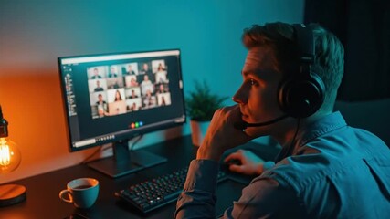 Concentrated professional connects virtually from a home office, showcasing dedication to online meetings and remote collaboration in the modern digital workspace