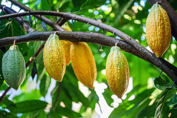 Ripe yellow Cacao pods Hanging on Tree Branch