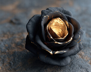 Black rose with gold accents on textured stone surface, luxury floral art, dramatic lighting, elegant and unique design