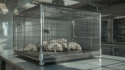 Side view of a large laboratory cage with small white mice inside, exploring or resting, realistic fur and whiskers, soft lab lighting.