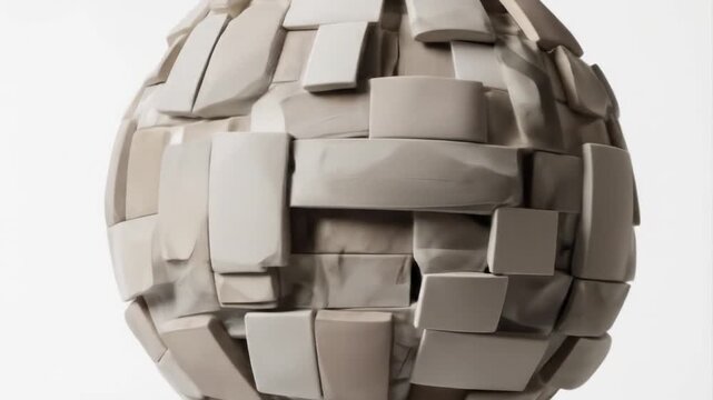 Captivating textured sphere with geometric block pattern in a minimalist beige and white palette,