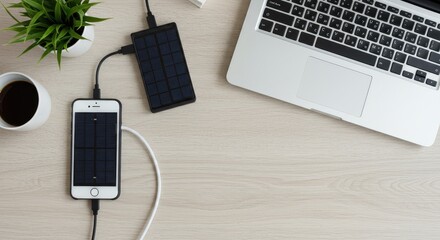 Eco-Friendly Solar Charging Setup with Laptop, Coffee, and Plant.