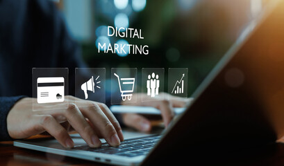 Digital marketing concept with businessman using laptop and virtual icons including online payment, advertising e-commerce, customer targeting and business growth analytics for modern online strategy.