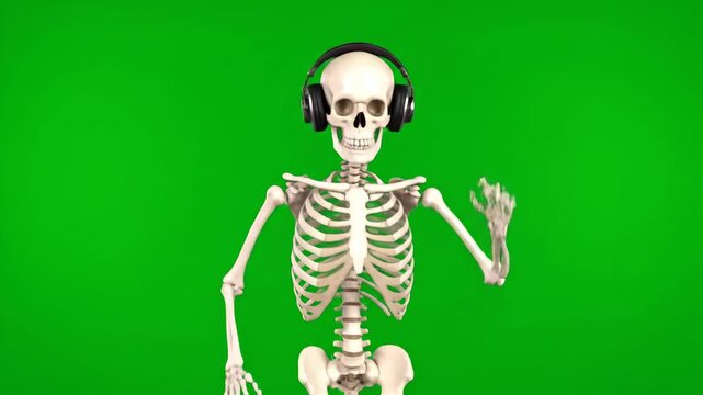 A medical 3d illustration of a human skeleton showing the anatomy of the skull and spine against a black background for healthcare and biology science