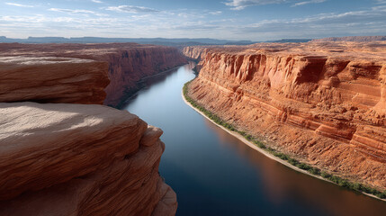 Desert canyon at sunset with glowing orange cliffs, winding river, dramatic sky, peaceful and awe inspiring landscape