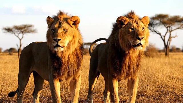 Majestic lions with flowing manes resting together in the wild savannah