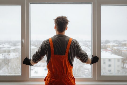 Window Measuring. Workman fixing, adjusting new plastic PVC window with white metal frame installing at modern house. Advertising. Typical installation of insulated glazing windows with uPVC frame