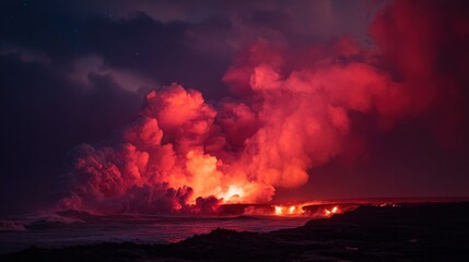 Volcanic eruption lava flow night scene